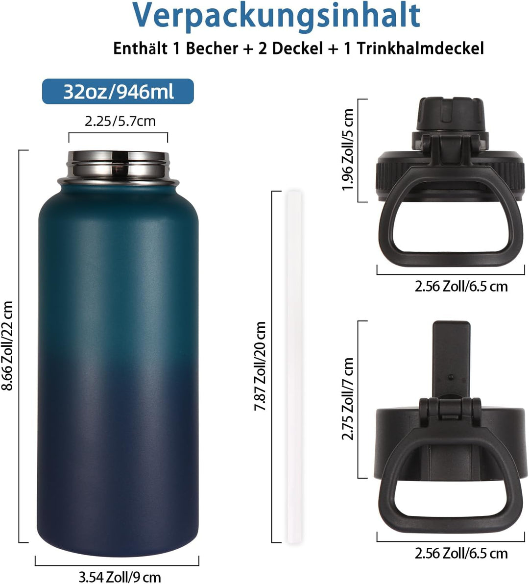 Volhoply 1 Liter Trinkflasche Edelstahl mit Strohhalm,Doppelwandig Vakuum Isolierte Thermosflasche m