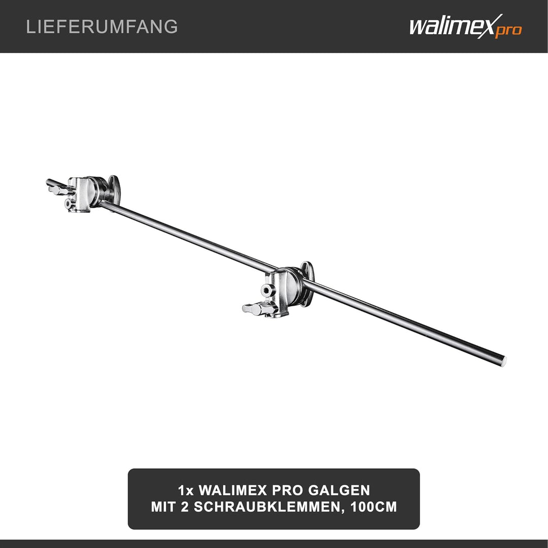 Walimex pro Galgen mit 2 Schraubklemmen, 100cm - Ideal für Auf- und Kopflicht, vielfältige Einsatzmö