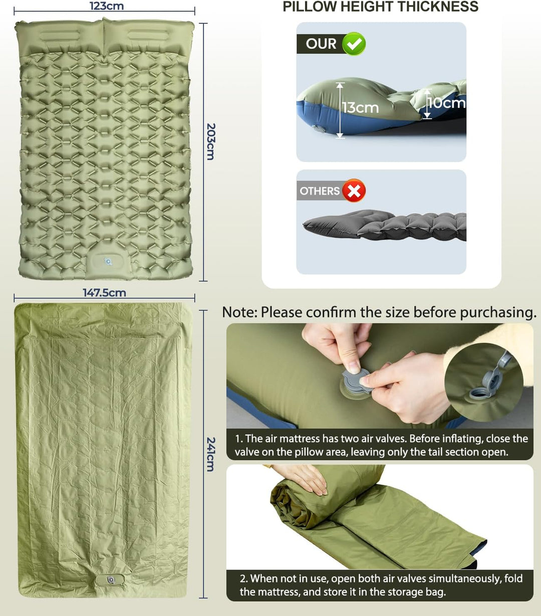 Doppel Isomatte für 2 Personen Outdoor Luftmatratze 195x134cm Breit,10cm Dicke Fussbetätigte Aufblas