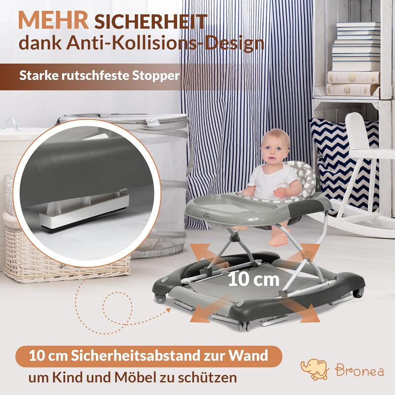 BRONEA 4-in-1 Gehfrei Baby ab 6 Monate | Lauflernwagen mit Schaukelfunktion und Spielpaneel mit Musi