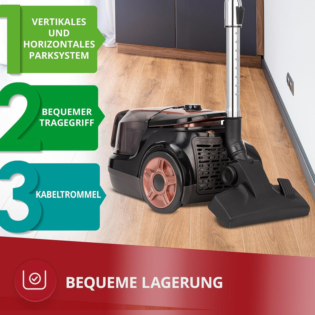 MPM MOD-25 Beutelloser Zyklon-Staubsauger, mit Zubehör, 1,1 Liter, leise, einfache Reinigung, 9 Mete