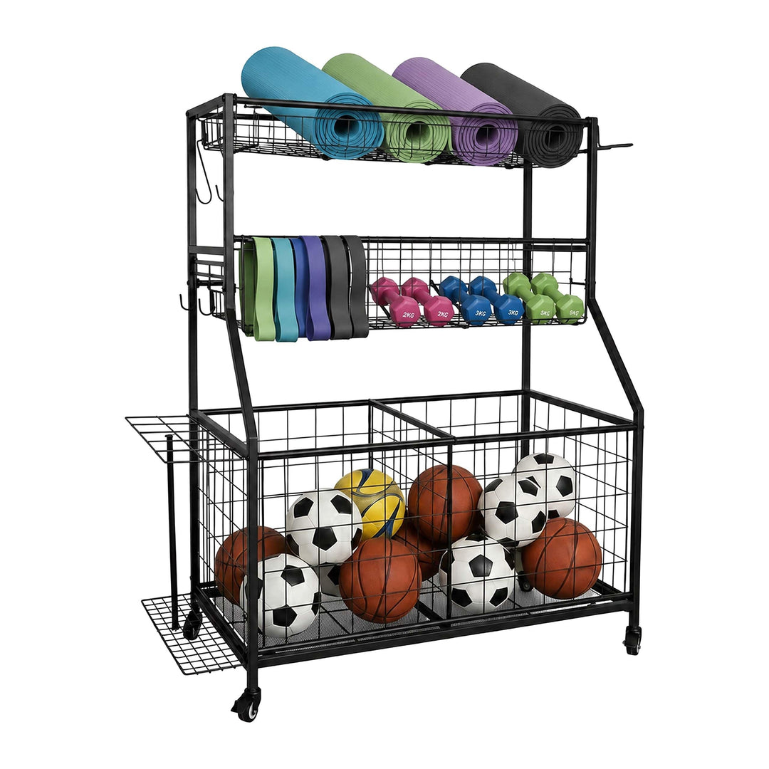 Relaxdays Sportgeräte Aufbewahrung, HBT: 116 x 91,5 x 43 cm, 4 Rollen, mit Bremse, Metall, Ballwagen