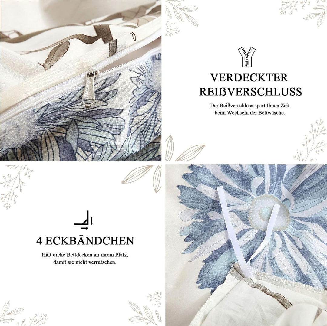 Tospass Bettwäsche 200x220 cm 3 Teilig Blumen Weiss Beige Modern Floral Bettwäsche Set Mädchen Bettb