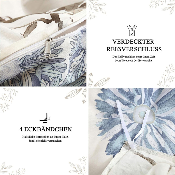 Tospass Bettwäsche 200x220 cm 3 Teilig Blumen Weiss Beige Modern Floral Bettwäsche Set Mädchen Bettb