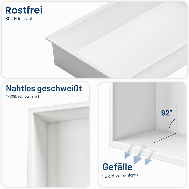 Wandnische Dusche Edelstahl mit LED-Licht, Eingebettete Duschnische Weisse Einzelregal Lagerung für