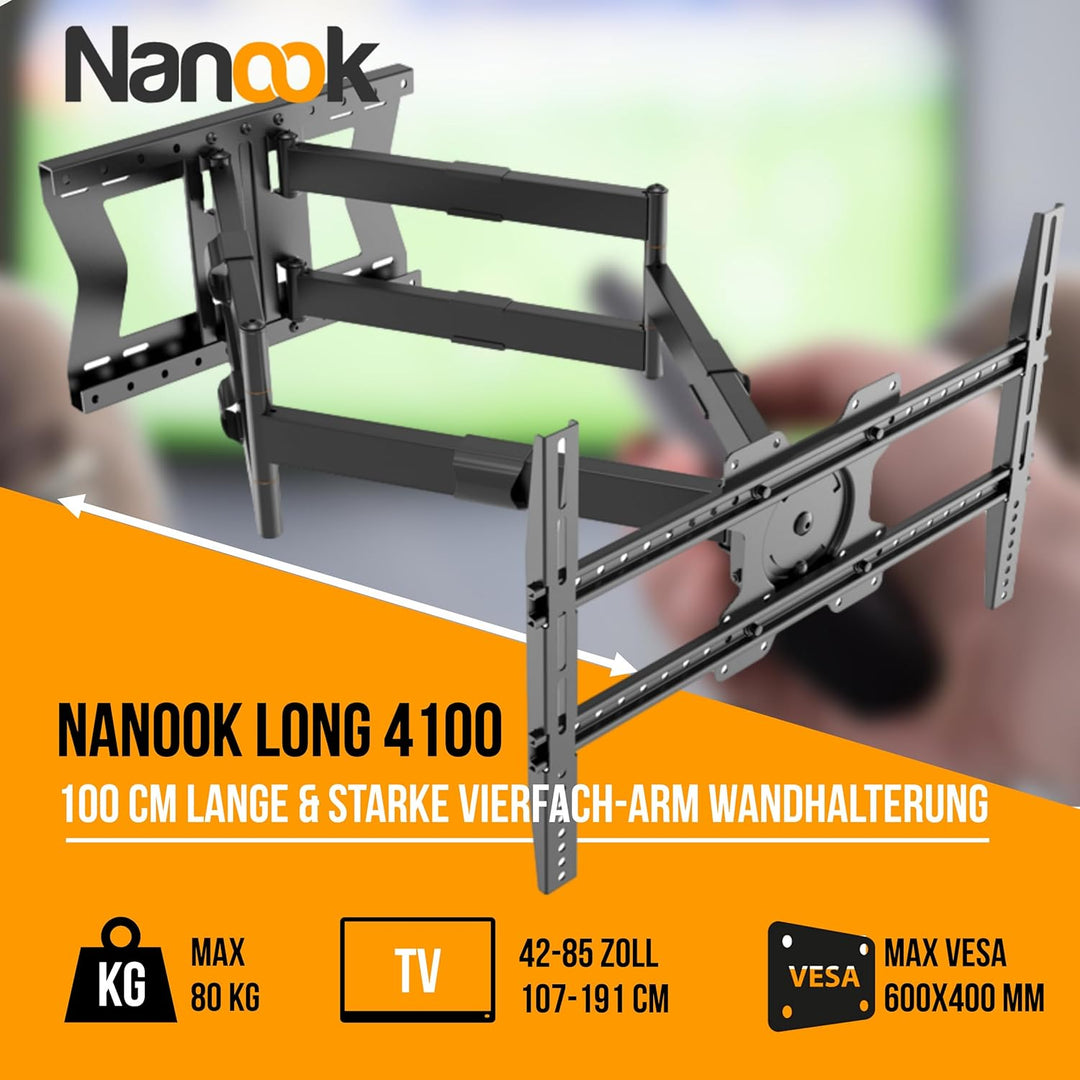 Nanook 4100 Langarm-TV-Wandhalterung für 42-85-Zoll-Fernseher, Extra langer Auszug bis zu 100 cm, St