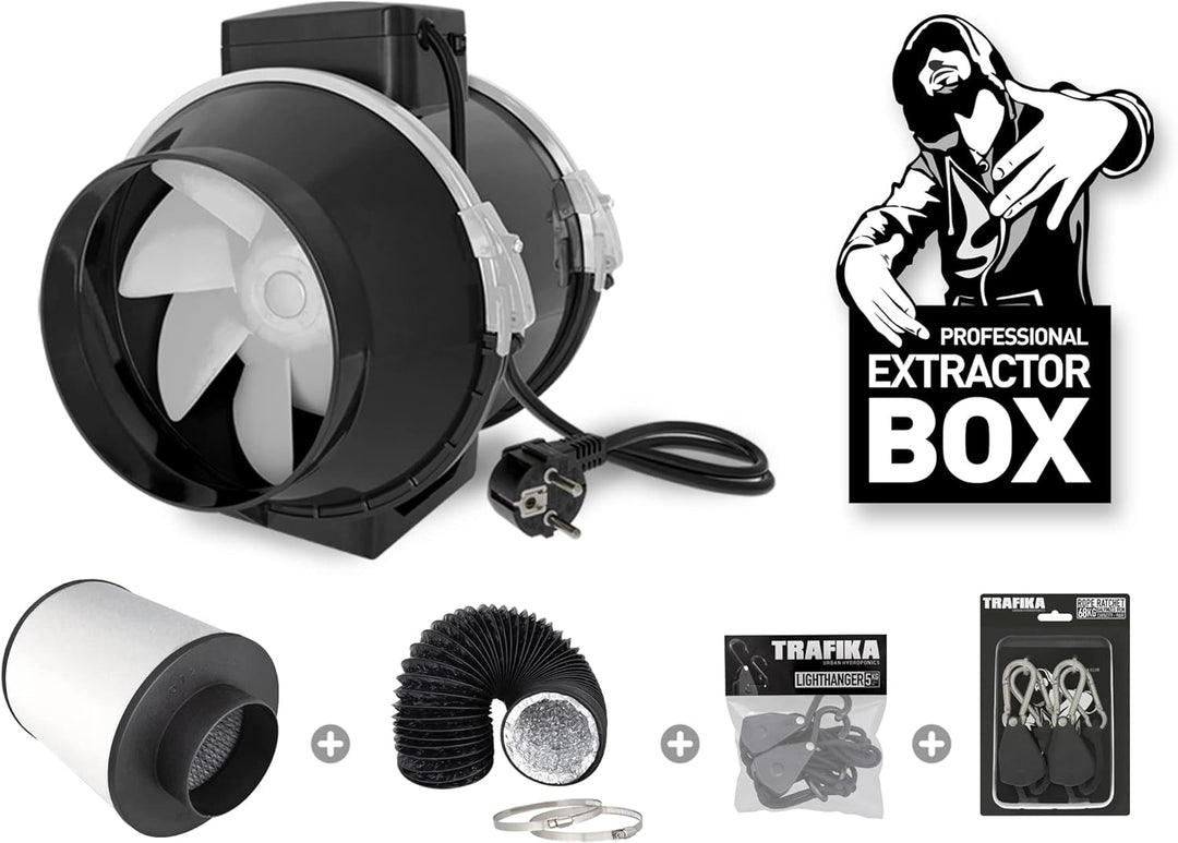 TRAFIKA Extractor KIT 125mm/250m3h KOHLEFILTER +ENTLÜFTER TT 125 (2 Geschwindigkeiten) + 5M COMBIDUC