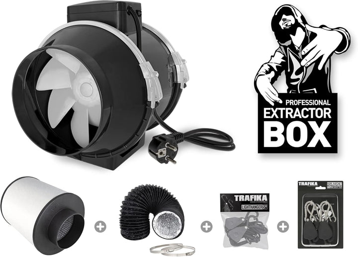 TRAFIKA Extractor KIT 100mm/250m3h KOHLEFILTER +ENTLÜFTER TT 100 (2 Geschwindigkeiten) + 5M COMBIDUC