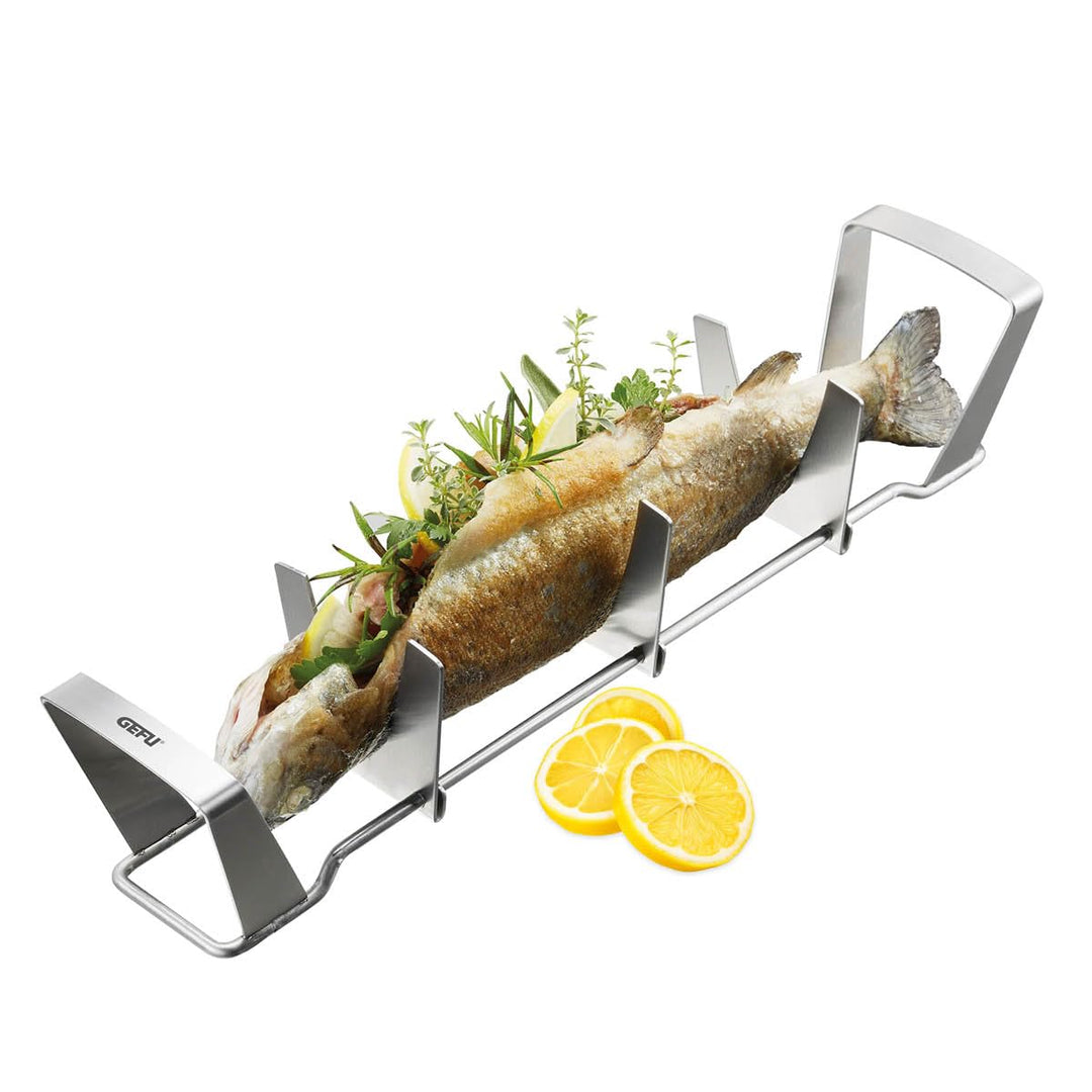 GEFU Fischhalter BBQ – Edelstahl-Fischhalter für Grill &amp; Backofen, kein Wenden &amp; Auslaufen von Marin