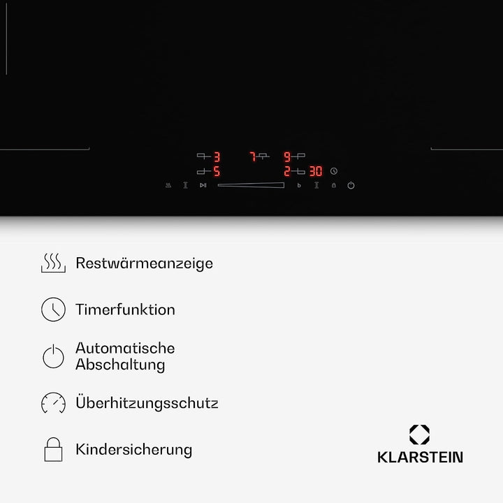 Klarstein HaloSync Induktionskochfeld mit Dunstabzug 90 cm – 5 Zonen, 11400W Boost, Touch-Slider, Fl