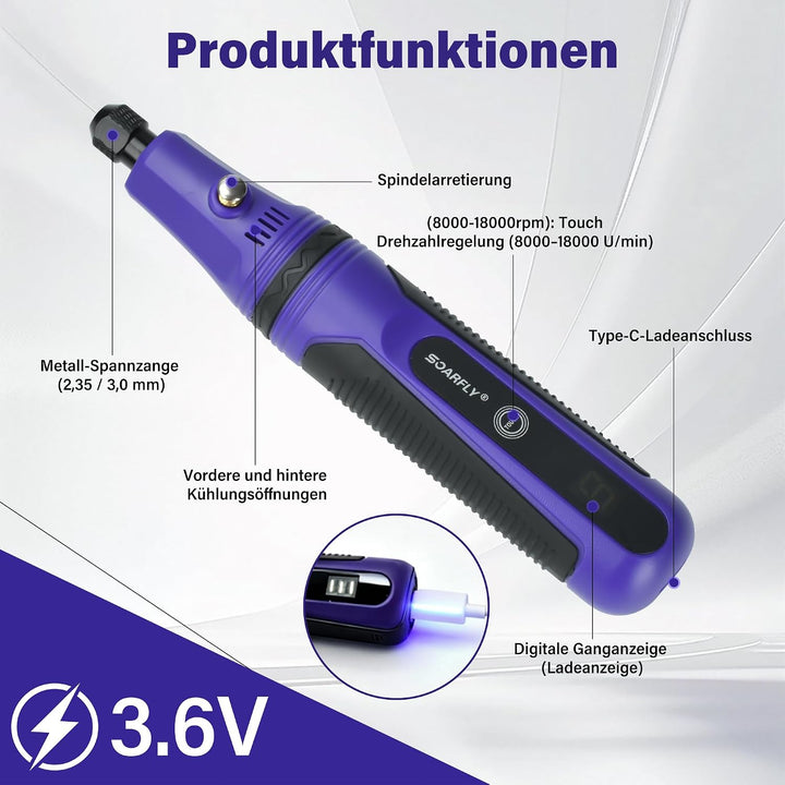 Mini Multifunktionswerkzeug Akku, 3.6V Rotationswerkzeug Set mit Touch Schalter, 5 Geschwindigkeiten