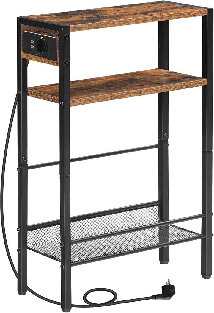 HOOBRO Beistelltisch mit Steckdosenleiste, 3-stufiger schmaler Nachttisch, 1 Standardsteckdose und 2