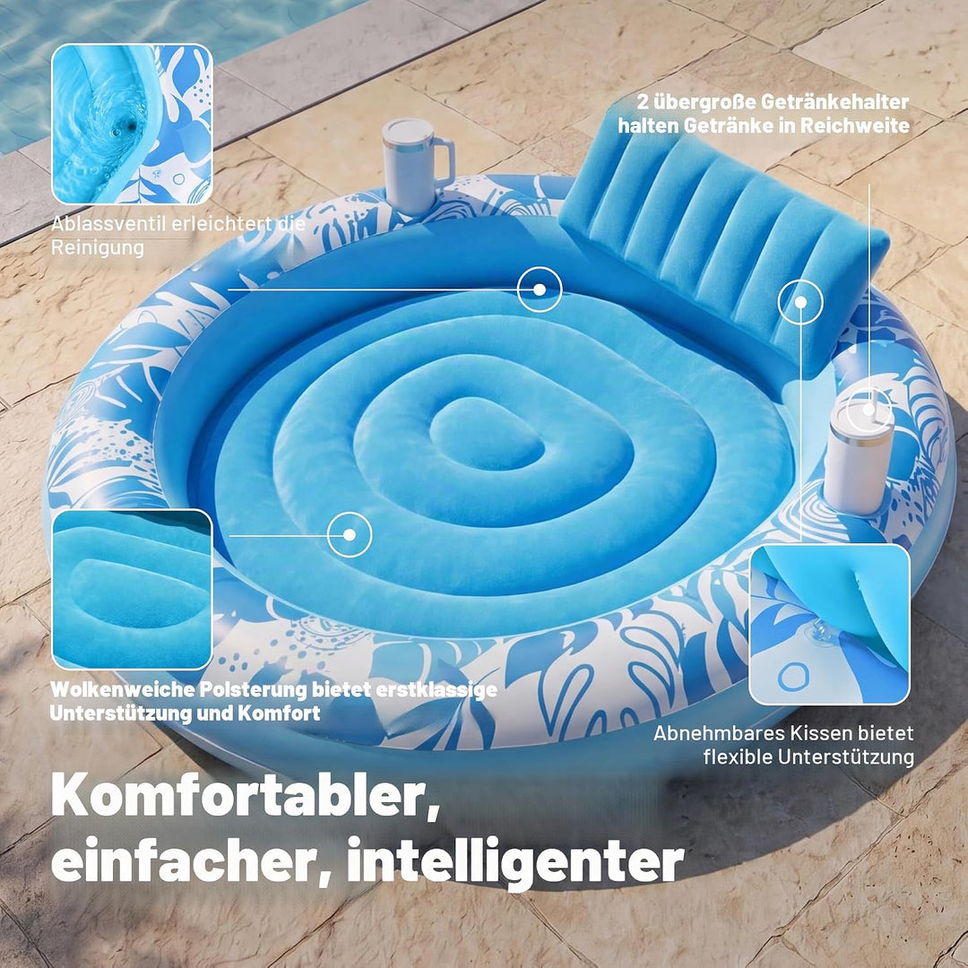 Sloosh Aufblasbare Sonnenpool,Luftmatratzte Pool 183 x 165 cm, Schwimmring für Erwachsene mit Kissen