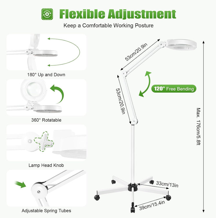LED Lupenleuchte Kosmetik mit Standfuss, 8X LED Lupenlampe, Mit Rollstativ Lupenleuchte Kosmetiklamp