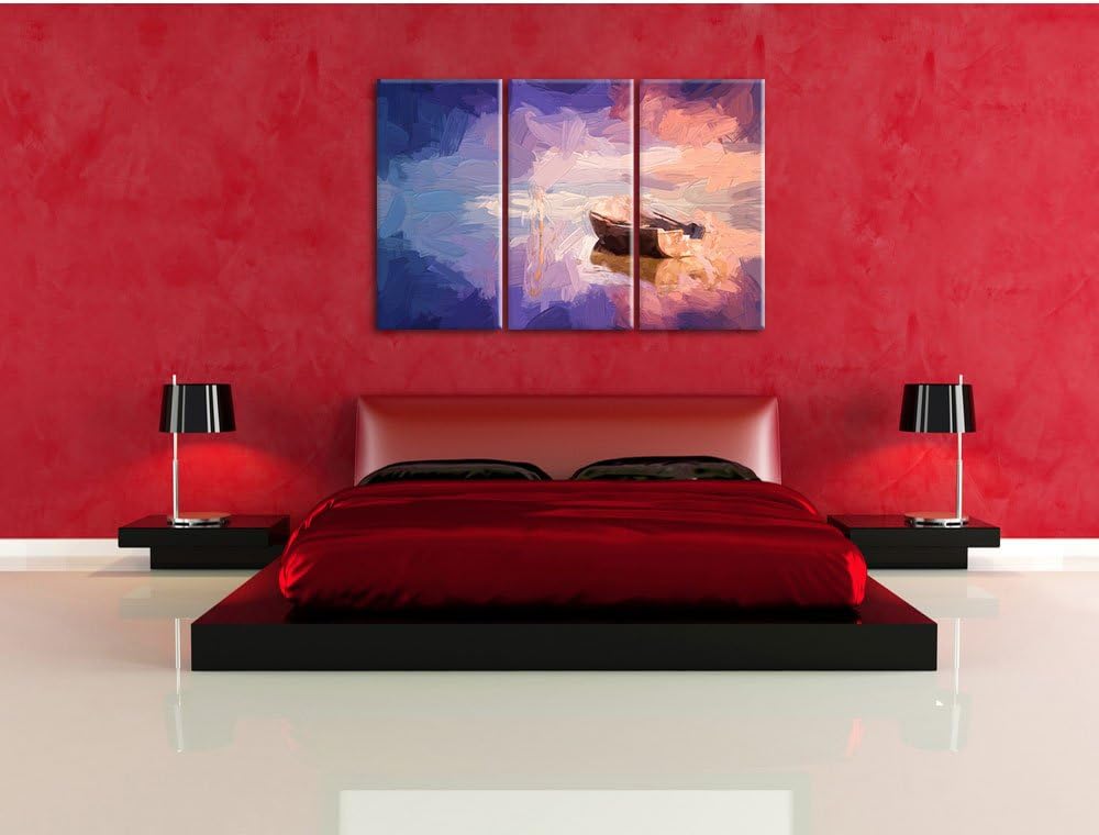 Pixxprint Einsames Boot auf See Pinsel Effekt 3-Teiler Leinwandbild 120x80 Bild auf Leinwand