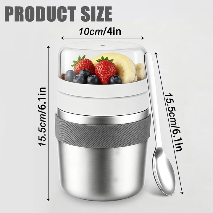 Edelstahl Müslibecher to Go 500ml+220ml mit Löffel, Doppelwandiger Vakuumisolierter Joghurtbecher, A