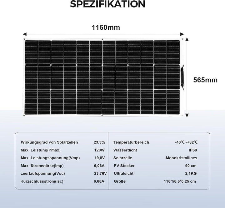 120W 12V Solarpanel Flexibel, Monokristallines Flexibles Solarpanel Solarmodule Schmal Lang, für Woh