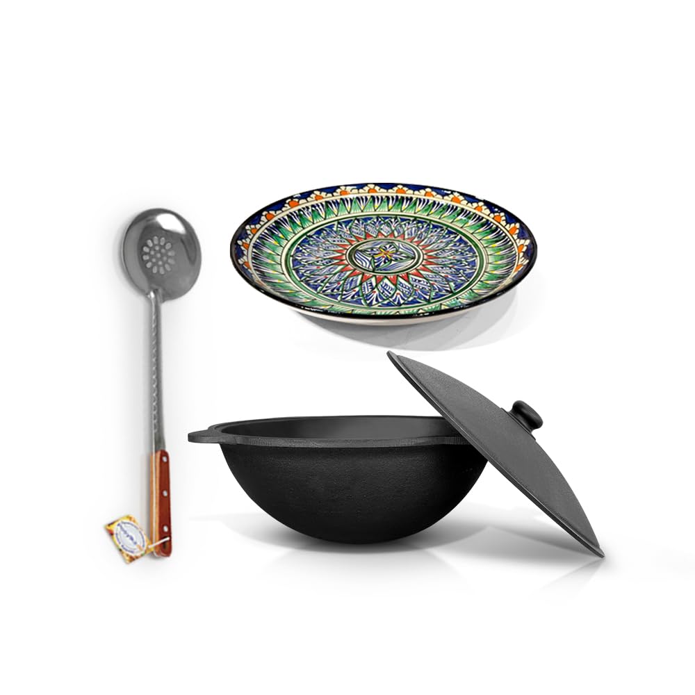Set - Usbekischer Gusseisen Kasan 10 L runder Boden, Deckel aus Aluminiumguss Schaumlöffel 48 cm Lag