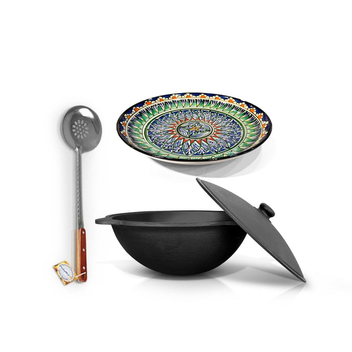 Set - Usbekischer Gusseisen Kasan 10 L runder Boden, Deckel aus Aluminiumguss Schaumlöffel 48 cm Lag