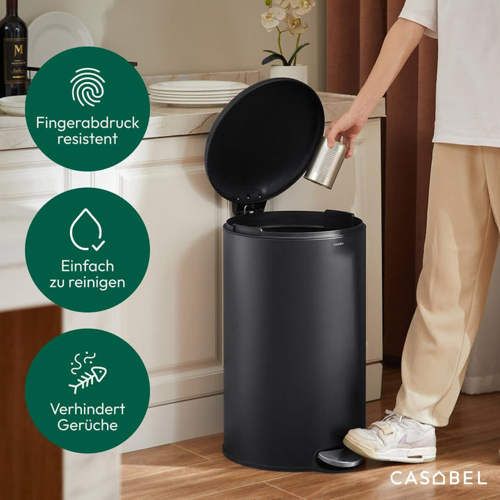 CASABEL Mülleimer Küche 50L - 100% Edelstahl, Resistent gegen Fingerabdrücke, Runder Treteimer mit F