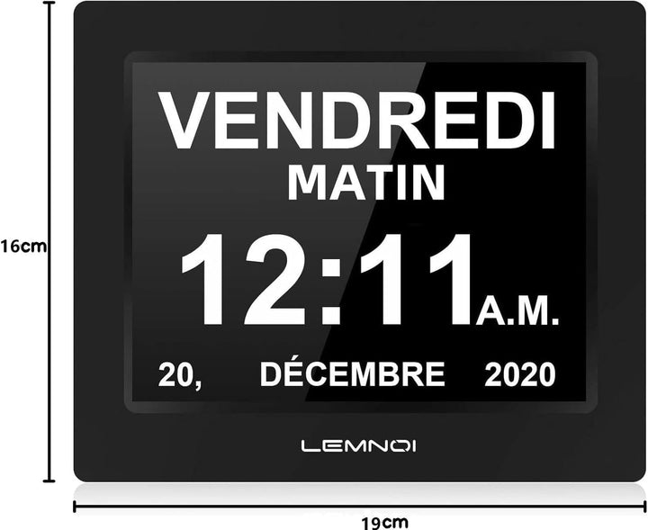 Lemnoi LCD-Digitaluhrkalender Datum Tag und Uhrzeit Nicht abgekürzte Uhr Automatisches Dimmen 8 Spra