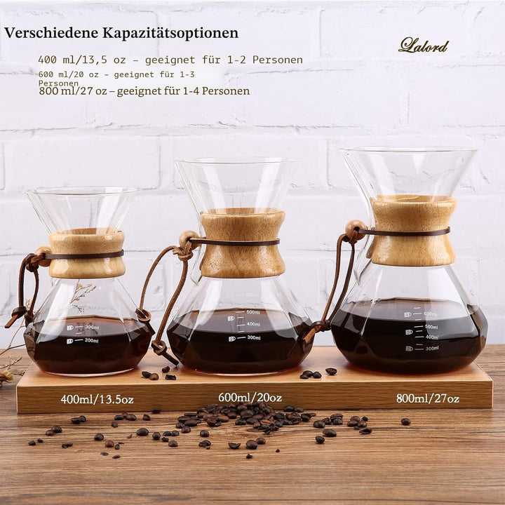 Lalord Pour Over Kaffeebereiter mit Edelstahlfilter, Borosilikatglas Kaffeekanne, Holzkragen, Kaffee