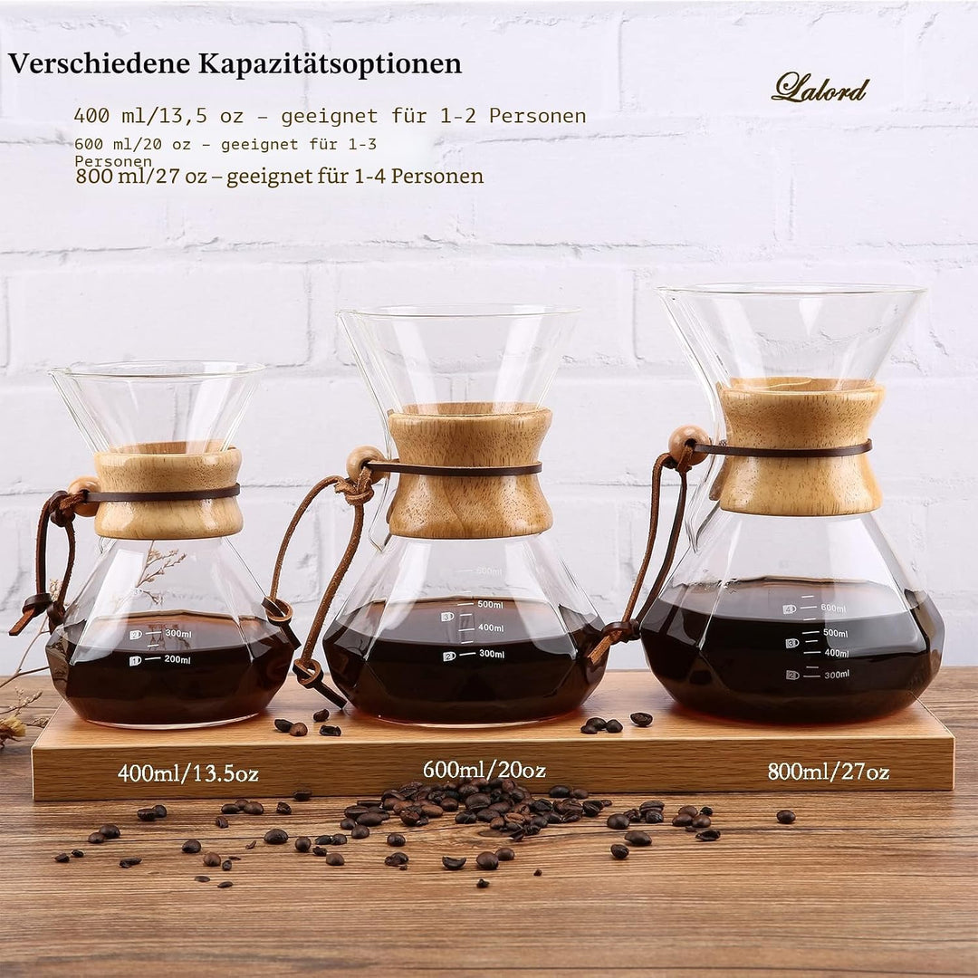 Lalord Pour Over Kaffeebereiter mit Edelstahlfilter, Borosilikatglas Kaffeekanne, Holzkragen, Kaffee