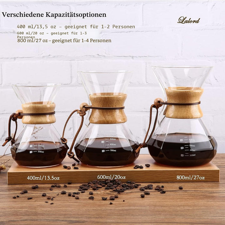 Lalord Pour Over Kaffeebereiter mit Edelstahlfilter, Borosilikatglas Kaffeekanne, Holzkragen, Kaffee