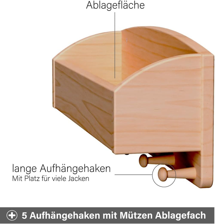 Holzspielzeug Peitz Kinder-Wand-Garderobe | Mützen-Ablage | Kinderzimmer-Massivholz-Garderobe 8058