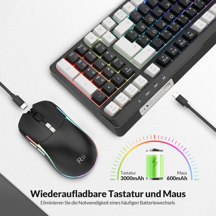 Rii Maus und Tastatur Kabellos Gaming, Tastatur Maus Set, Bluetooth + 2,4GHz Verbindung, LED-Hinterg