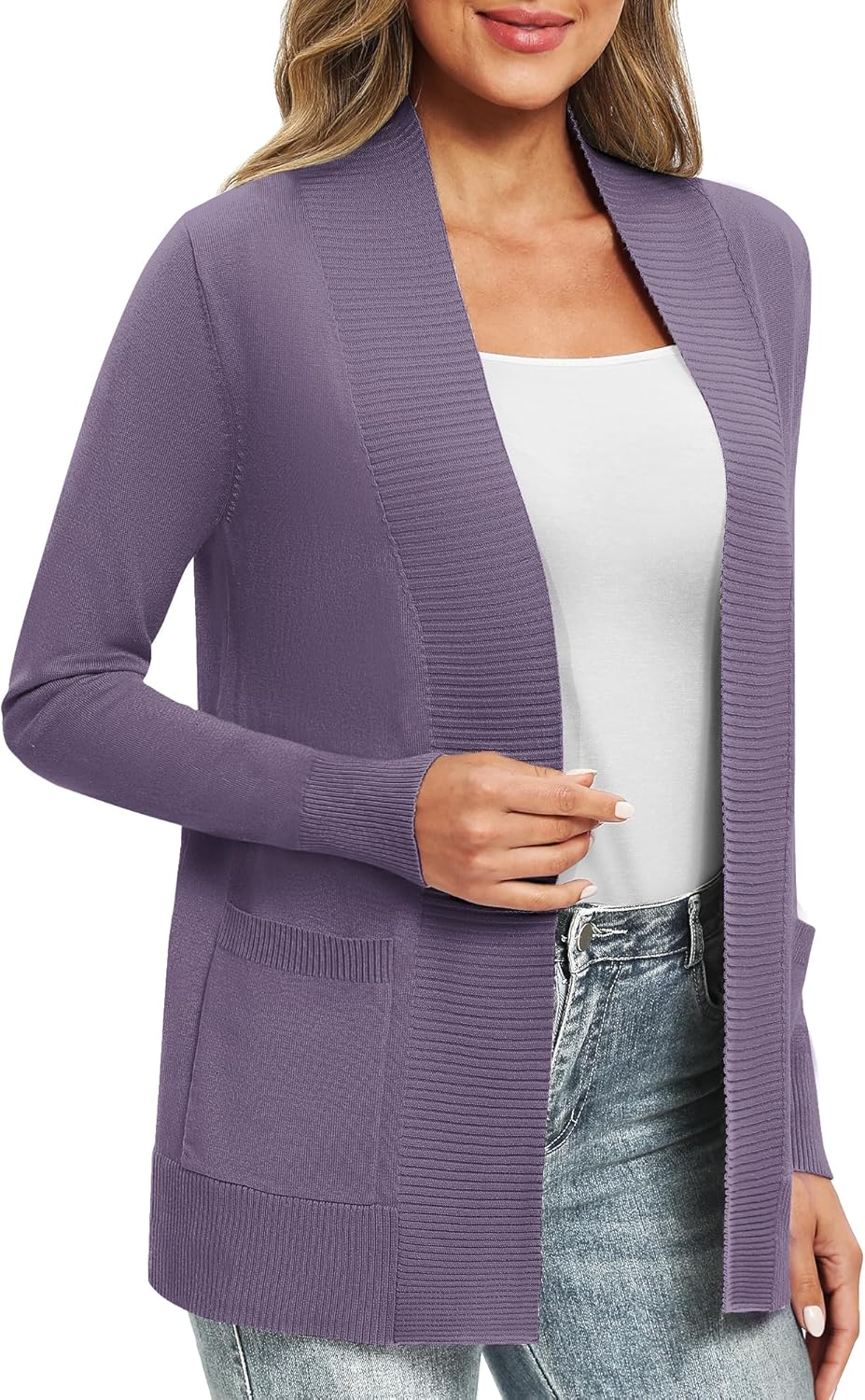 EXCHIC Damen Lange Ärmel Gestrickt Strickjacke Leicht Gemütlich Offene Vorderseite Lange Freizeitjac