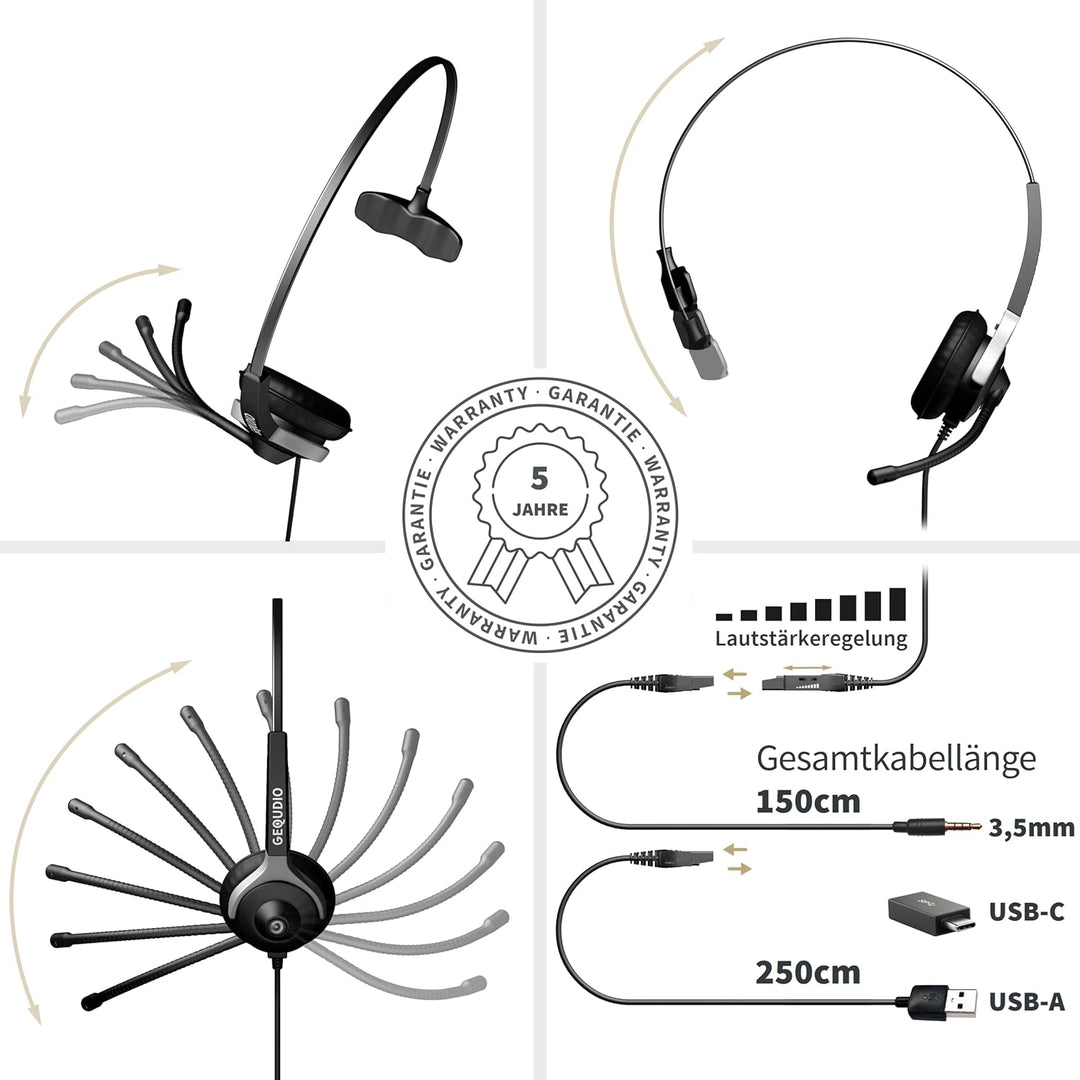 GEQUDIO [3in1] Business Headset mit USB-A, USB-C und 3,5mm Klinke kompatibel mit PC, Mac und Smartph