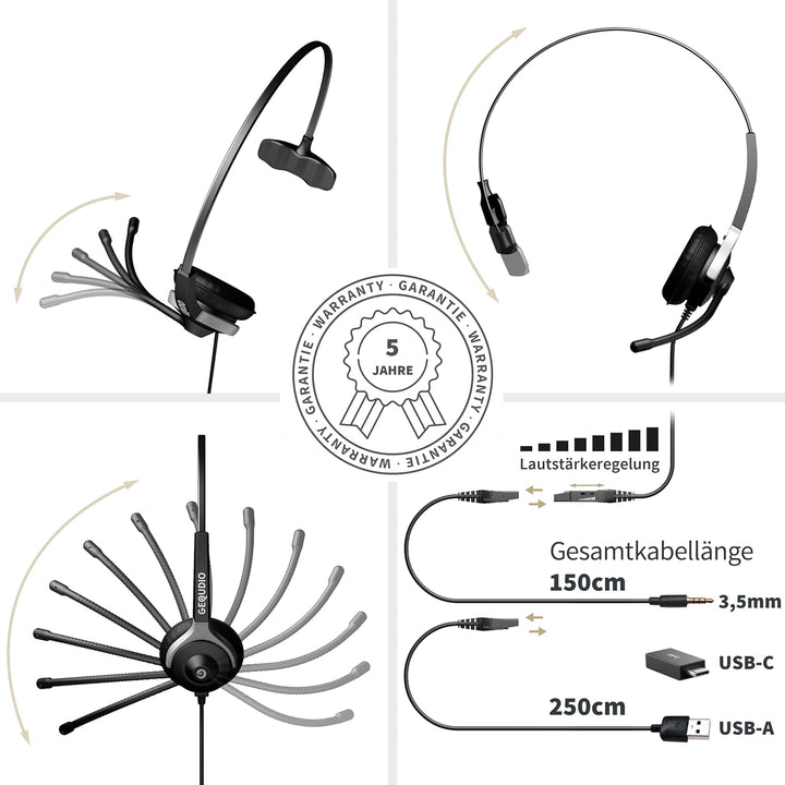GEQUDIO [3in1] Business Headset mit USB-A, USB-C und 3,5mm Klinke kompatibel mit PC, Mac und Smartph