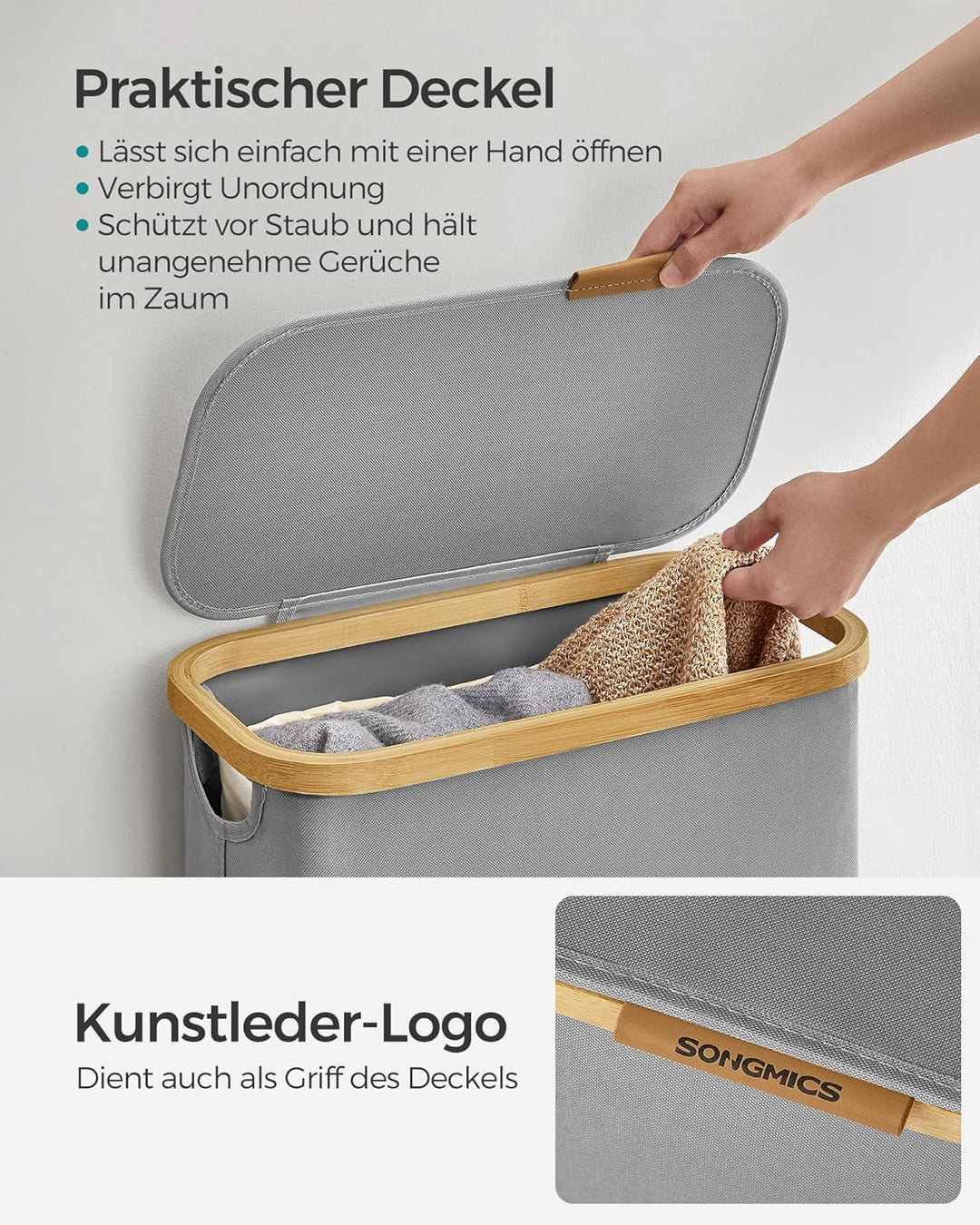 SONGMICS Wäschekorb mit Deckel, Wäschesammler 65 L, platzsparend, herausnehmbarer Wäschesack, Oxford