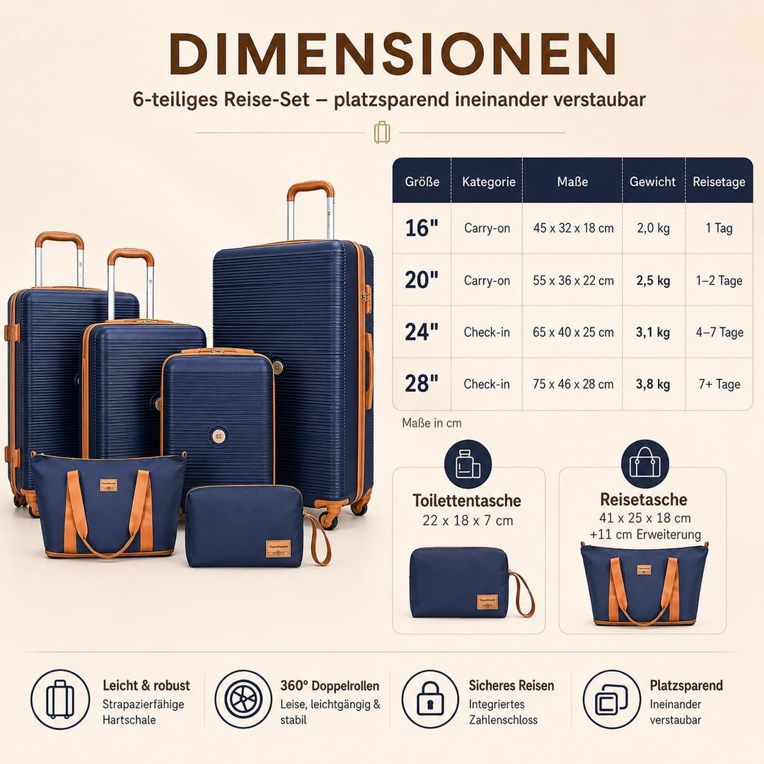 Travelhouse Kofferset Bari 6-teilig – ABS Hartschale Trolley Koffer Set mit Rollen, TSA-Schloss, Rei