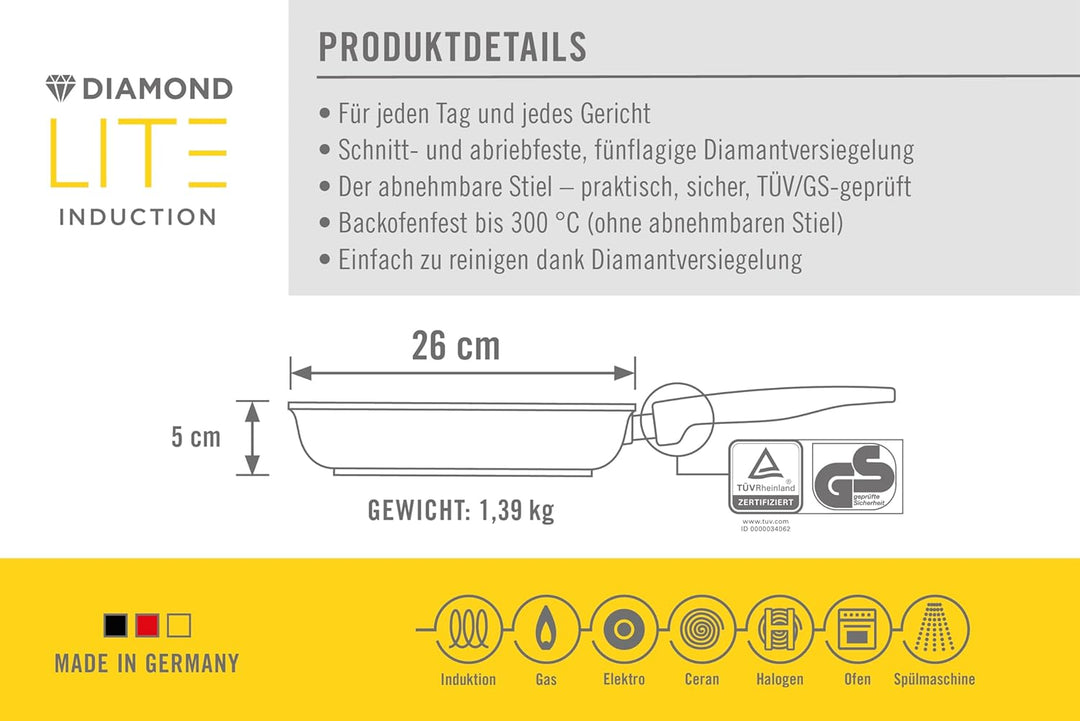 Woll Diamond Lite Flachpfanne - Induktiv -, Ø 26 cm, 5 cm hoch, mit abnehmbarem Stiel - Geeignet für