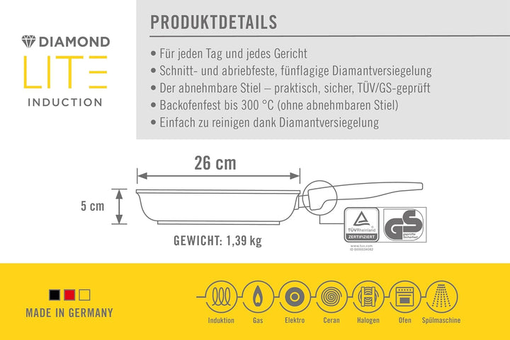 Woll Diamond Lite Flachpfanne - Induktiv -, Ø 26 cm, 5 cm hoch, mit abnehmbarem Stiel - Geeignet für