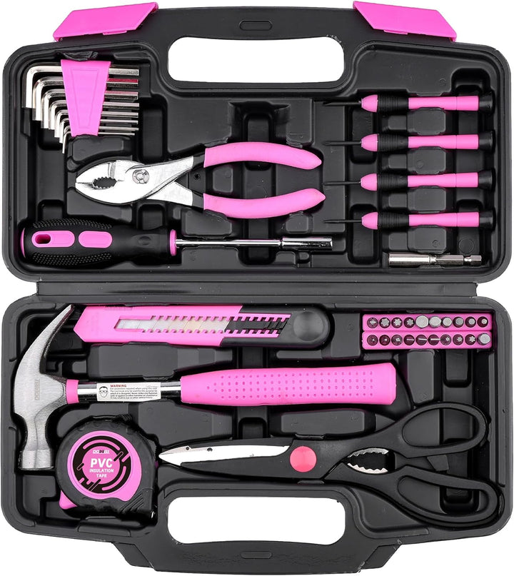 DOWELL 40 Stück Heimwerkzeugsatz Allgemeines Haushaltshand-Pink-Werkzeugset mit Kunststoff-Werkzeugk