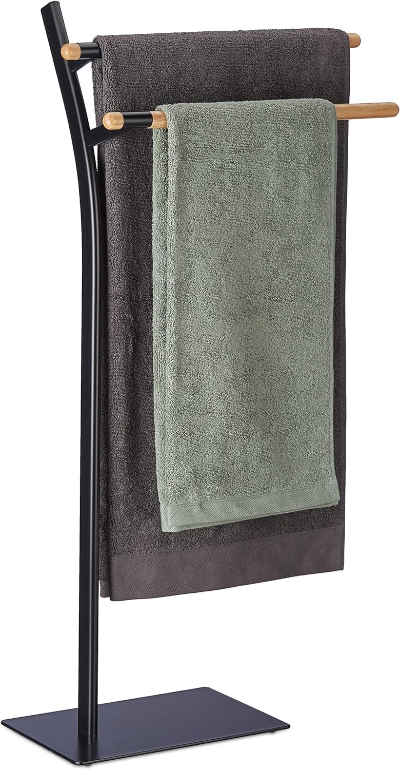 Relaxdays Handtuchhalter, freistehend, Handtuchständer mit 2 Stangen, HBT: 88 x 46,5 x 20 cm, ohne B