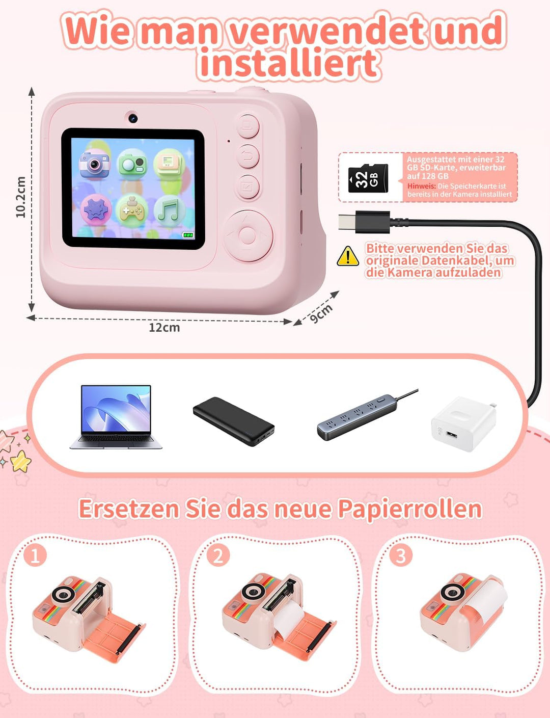 Sofortbildkamera Kinder, 1080P HD 2,4 Zoll Bildschirm Kinderkamera Sofortbildkamera mit 32GB Karte &