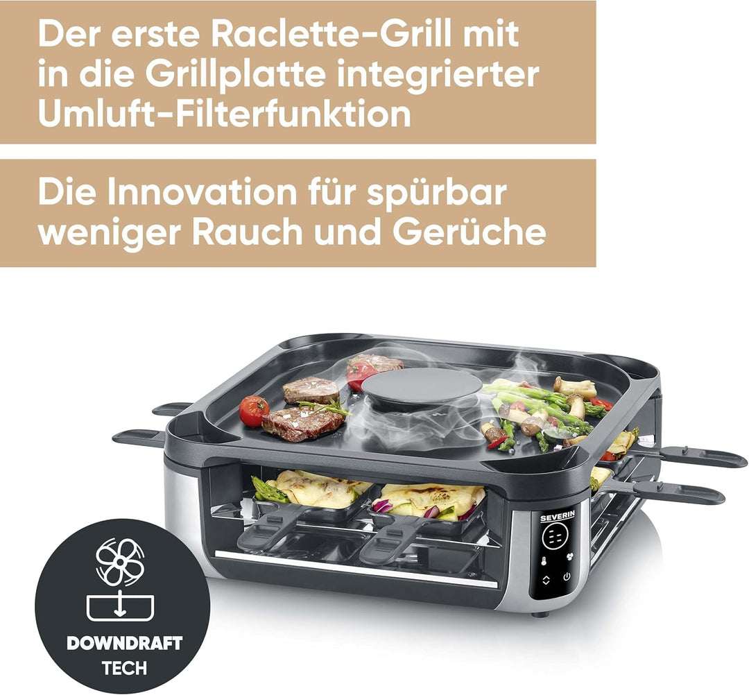SEVERIN SEVENTO Raclette-Grill mit integriertem Umluft-Filter: weniger Rauch & Gerüche, Digital-Disp