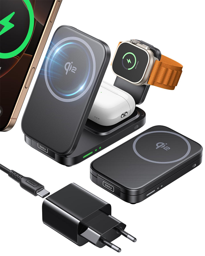 INIU Induktive iPhone Ladestation 3 in 1, 15W Qi2-Zertifiziertes Magnetisches Kabelloses Ladegerät F