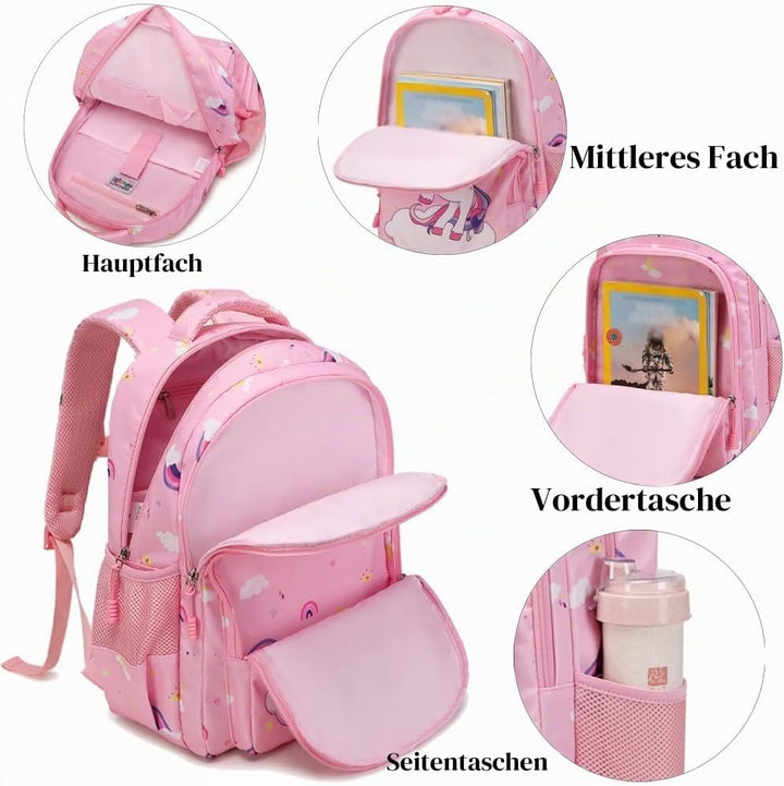 Kinderucksack Einhorn für Mädchen Schulrucksack Rucksack Kinder Schultasche 3 in 1 Schultaschen Sets
