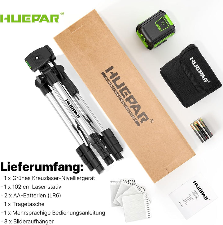 Huepar Kreuzlinienlaser mit 102 cm Stativ, 30 m Laser Wasserwaage Selbstnivellierendend, Linienlaser