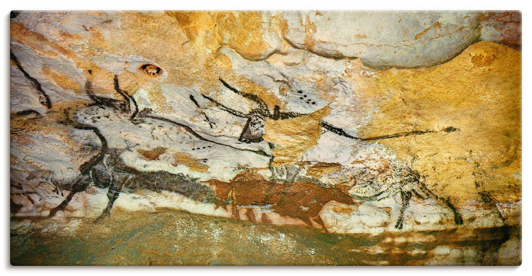 ARTland Leinwandbild Wandbild Bild auf Leinwand 60x30 cm Wanddeko Steinzeit Tiere Stier Ocker Antik