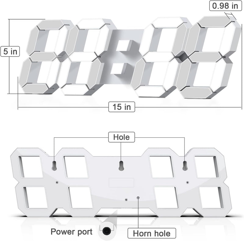Deeyaple LED Wanduhr Digital Gross Wecker 3D Uhr Dimmbar Snooze USB 12/24Stunden Datum Temperaturanz