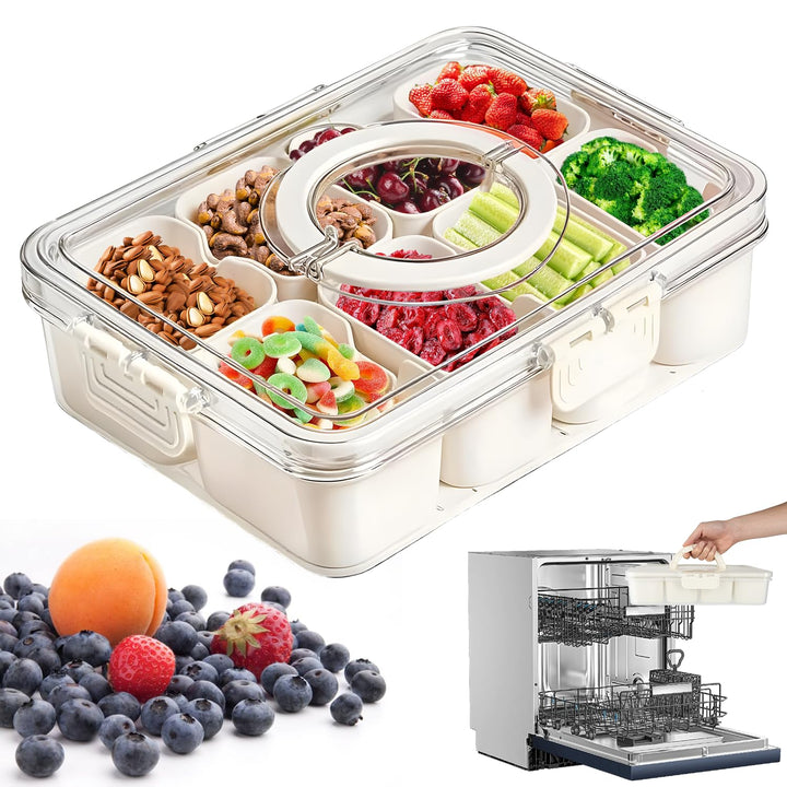 Carehabi Snackbox mit 8 Fächern, Snackteller mit Deckel und Griff, Snackdose Organizer für Snacks Sü