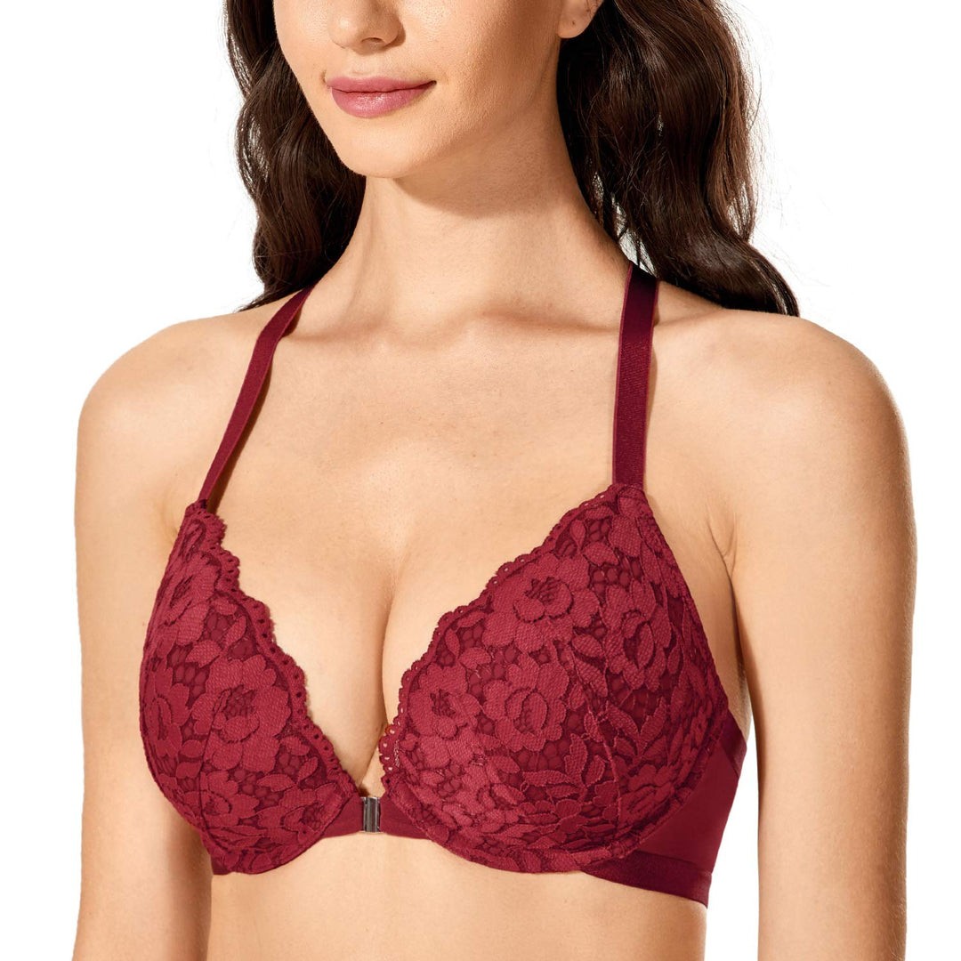 DOBREVA Damen Vorderverschluss BH mit Bügel Push Up Spitzen Neckholder BHS Racerback Tiefer Ausschni