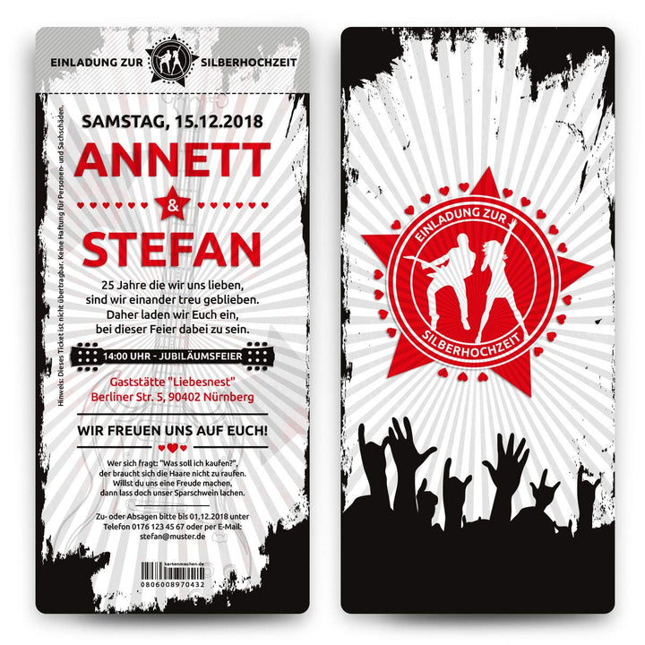 30 x Hochzeitseinladungen Silberhochzeit silberne Hochzeit Ticket Einladungen individuell - Rock and