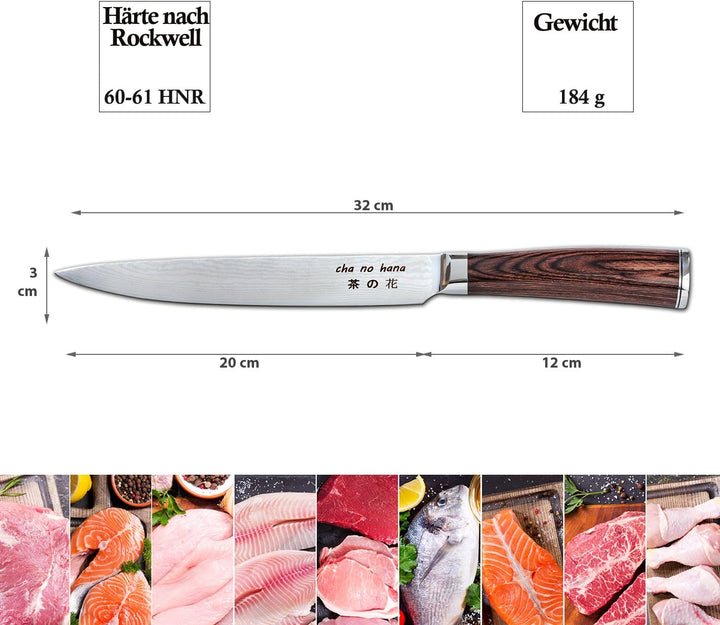 ChaNoHana Damast Sashimi-Messer mit Echtholz Pakkagriff | VG10 Damaststahl-Klinge 20cm 67 Lagen | Fi